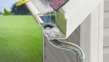 Close up of rain water running through gutter and downspout. Gutters are necessary.