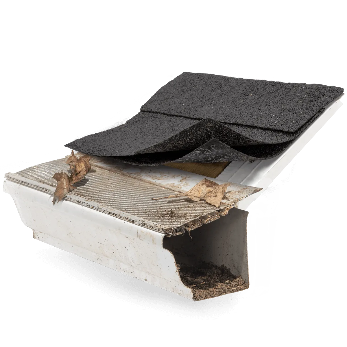 Mesh gutter that is dirty that causes issues to shingles