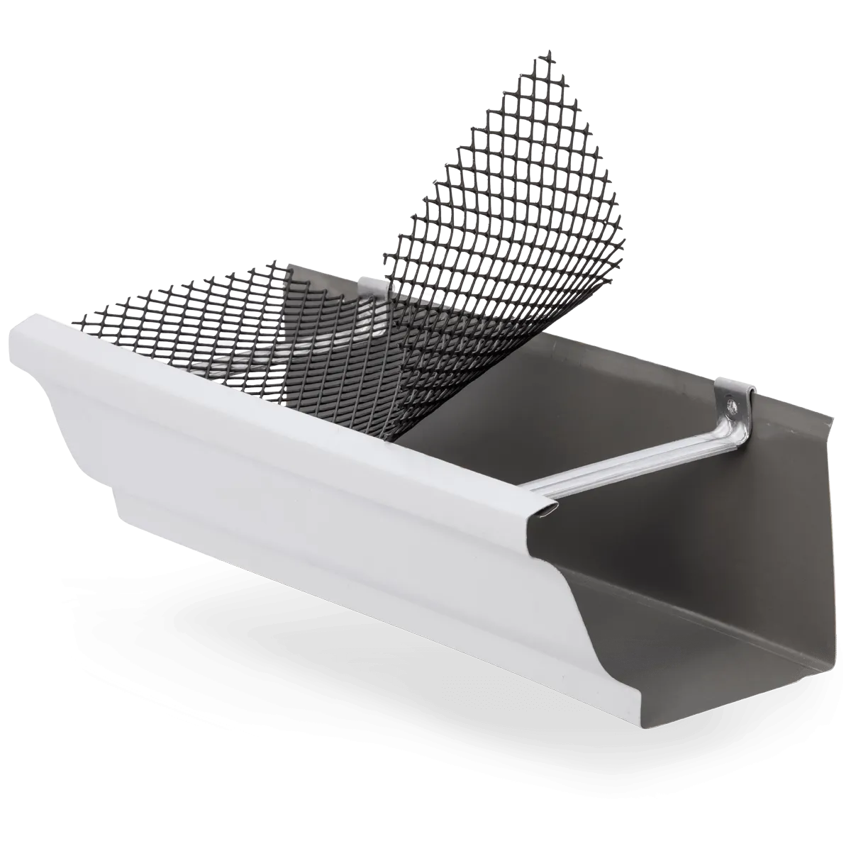 Cross-section of a white k-style gutter topped with a flimsy DIY screen