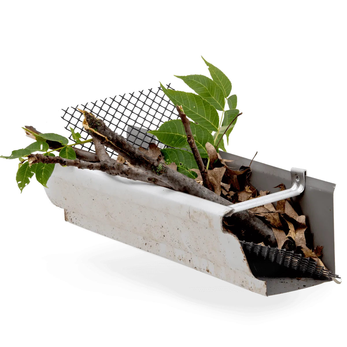 Cross-section of a white gutter clogged with debris and a flimsy screen