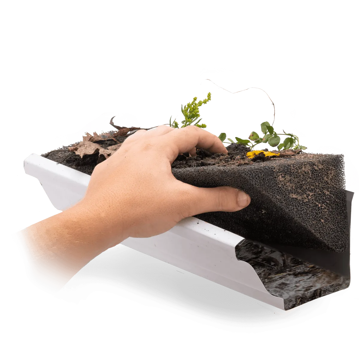 Foam gutter guard is dirty and requires cleaning