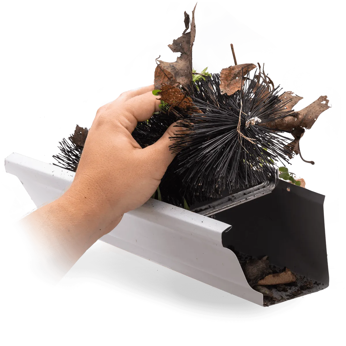 Homeowner cleaning a brush gutter guard