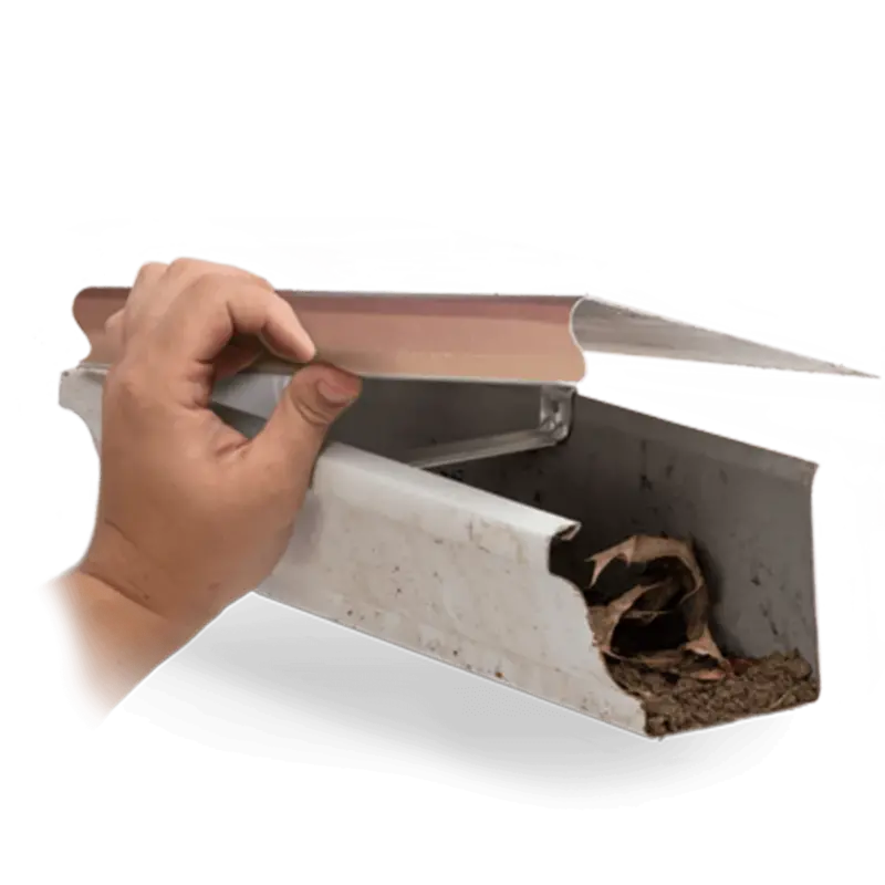 Image of a hand lifting up a copper colored hood-style gutter guard on a white k-style gutter