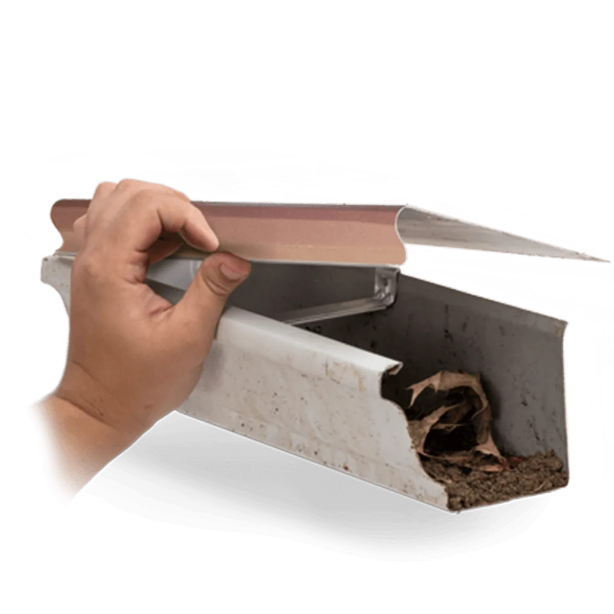 Image of a hand lifting up a copper colored hood-style gutter guard on a white k-style gutter