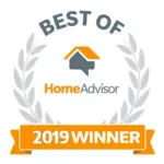 A gray, black, and orange illustrated icon recognizes LeafFilter as a Best Of HomeAdvisor 2019 Winner