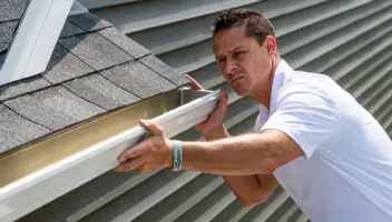 A LeafFilter installer in a white shirt aligns and pitches a gutter under an asphalt roof.