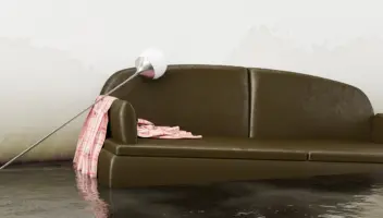 Water in basement damaging a sofa and floor lamp