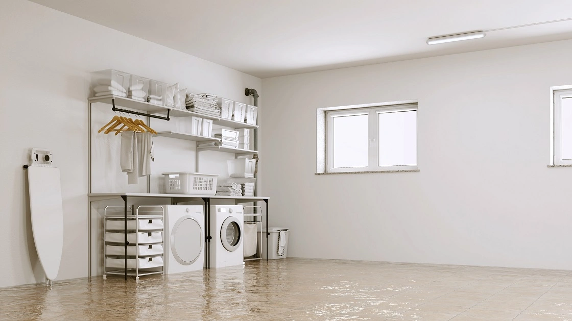 Flooded basement laundry area