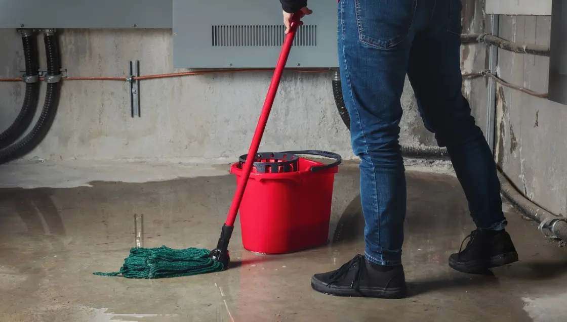 Mopping up water from a flooded basement