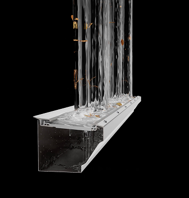 Water flowing through a gutter guard, filtering out leaves