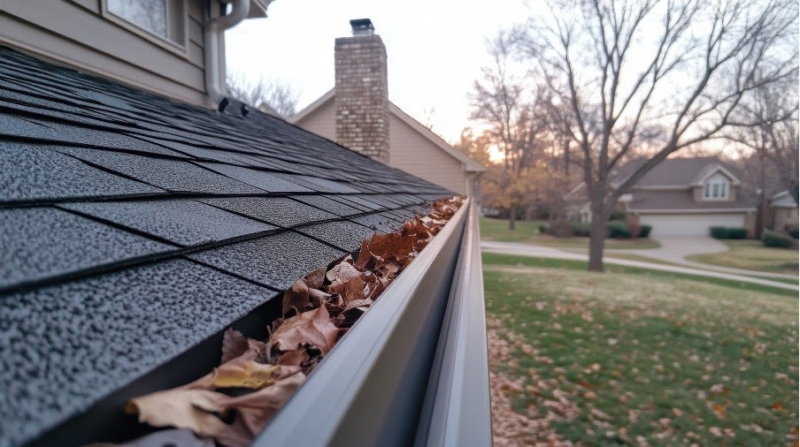 Closeup home gutter filled with leaves for home maintenance checklist