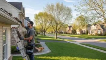 White standing on ladder cleaning leaves out of gutters to avoid spring gutter problems.