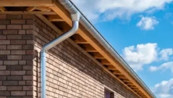 Side view of brick house with steel gutter and downspout; types of gutters can be painted