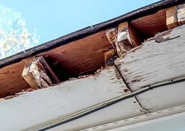 Underside of roofline with rotting fascia boards from winter weather.