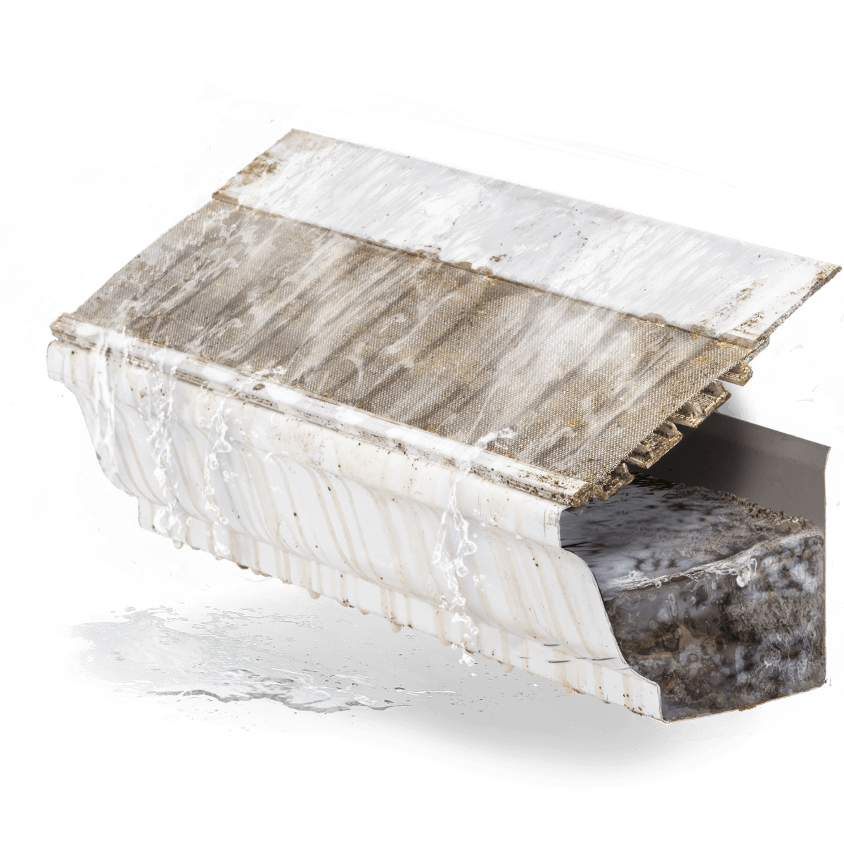 Image of a dirty, dusty mesh gutter guard on a white gutter with water flowing over the entire system