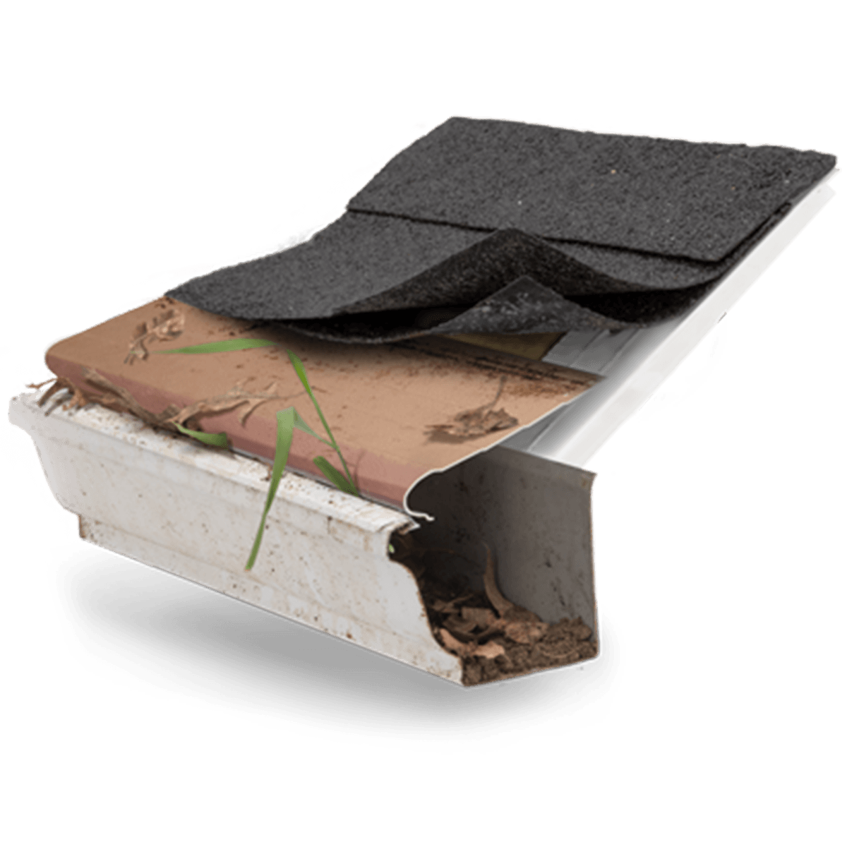 Image of a dirty copper colored hood-style gutter guard installed beneath a row of peeled back asphalt shingles