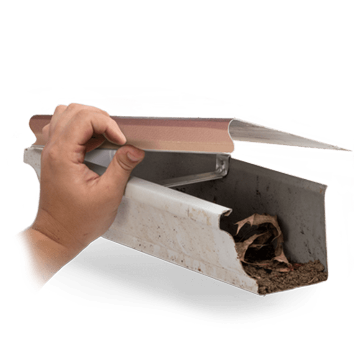 Image of a hand lifting up a copper colored hood-style gutter guard on a white k-style gutter