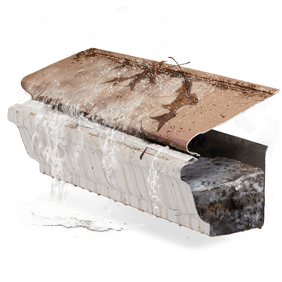 Image of a dirty copper colored hood-style gutter guard on a white k-style gutter with water flowing over the entire system