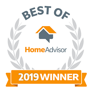 A gray, black, and orange illustrated icon recognizes LeafFilter as a Best Of HomeAdvisor 2019 Winner