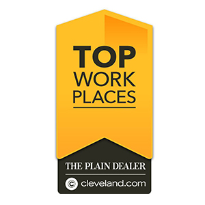A gold an black illustrated icon recognizes LeafFilter as a Cleveland.com/The Plain Dealer-recognized top workplace