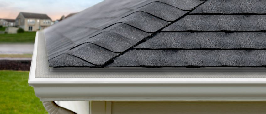 LeafFilter is displayed on clean, white gutters under an asphalt roof