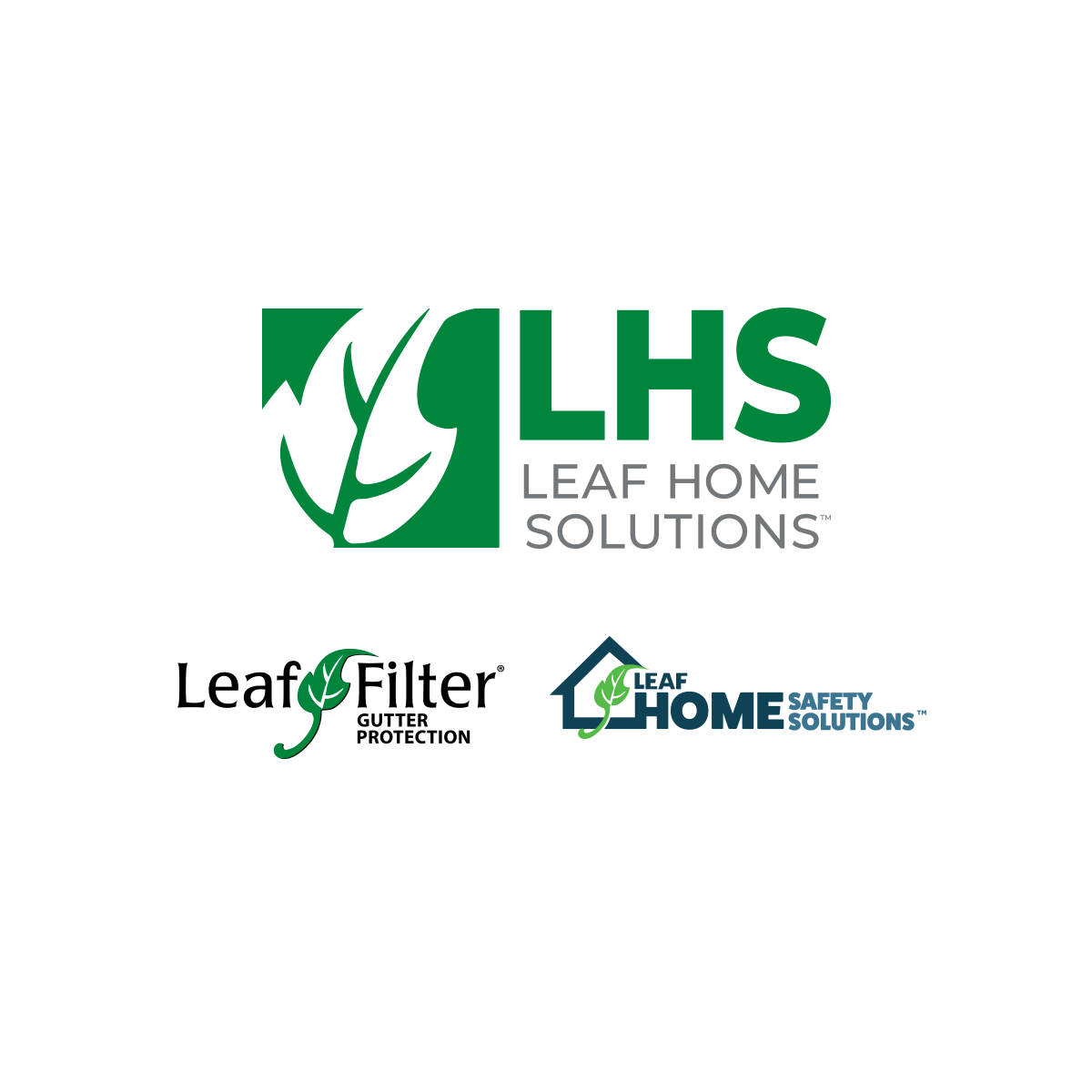 Three stacked icons for Leaf Home Solutions, LeafFilter Gutter Protection, and Leaf Home Safety Solutions.
