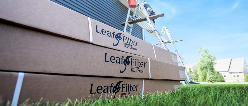 Three boxes of LeafFilter product ready to go onto a new house